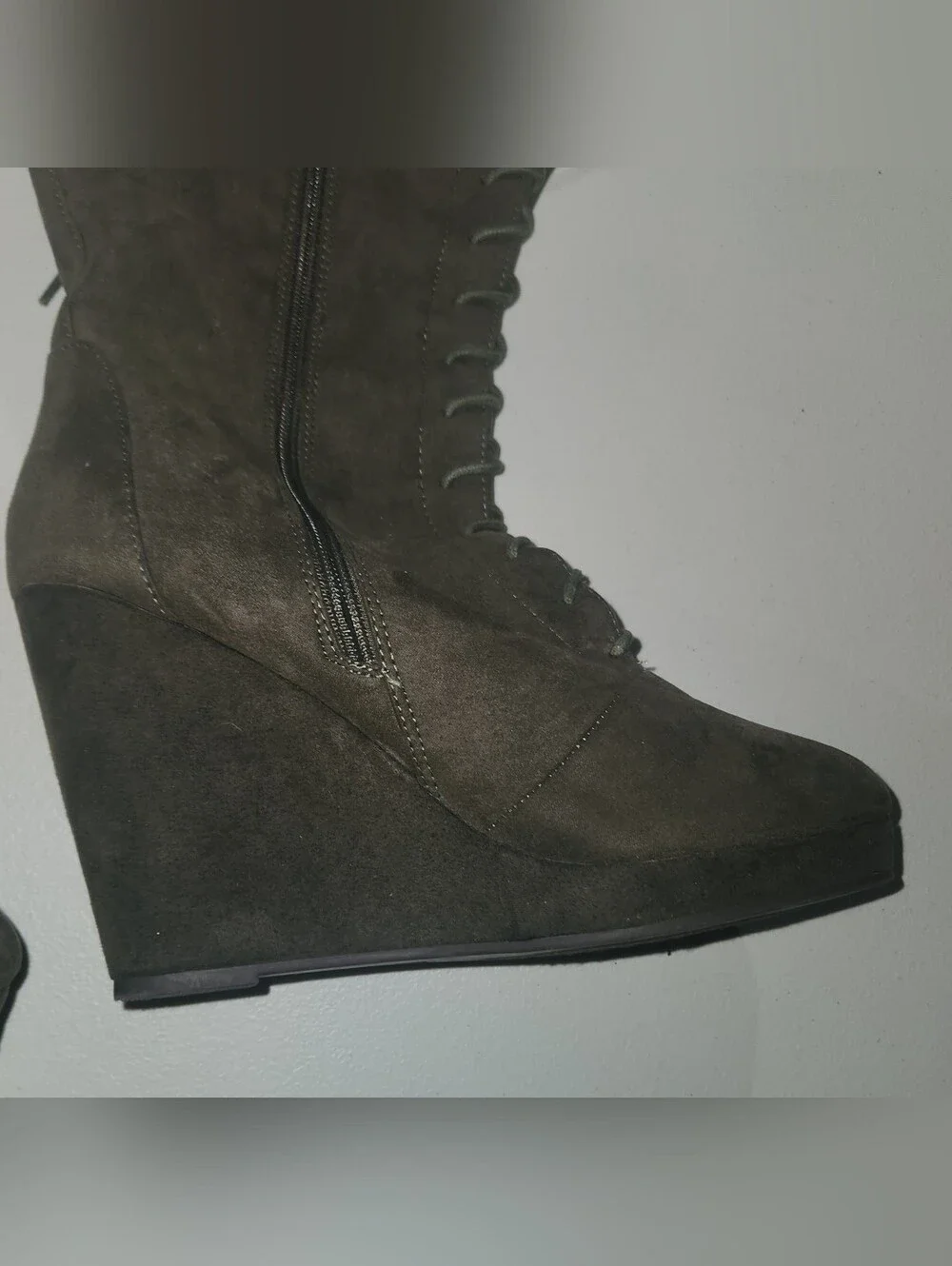 Cato Olive Green Knee High Faux Suede Boots Lace Up Side Zip Size 8.5